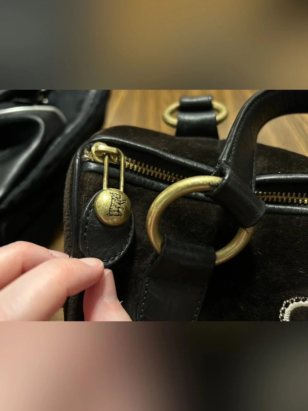 Juicy Couture Black Velvet Bag with Gold-tone Logo Charm